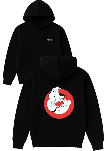 Hayalet Kalp Tasarım Baskılı Oversize Siyah Kapüşonlu Sweatshirt