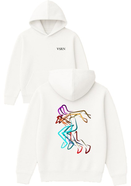 Koşucu Hologram Tasarım Baskılı Oversize Beyaz Kapüşonlu Sweatshirt