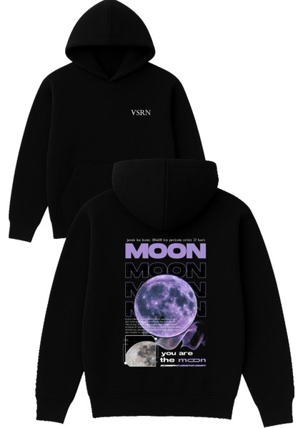 Moon Moon Tasarım Baskılı Oversize Siyah Kapüşonlu Sweatshirt