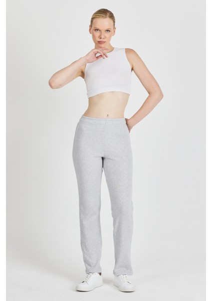 Kadın Gri Yüksek Bel Fitilli Bol Paça Günlük Ince Eşofman Altı Pijama