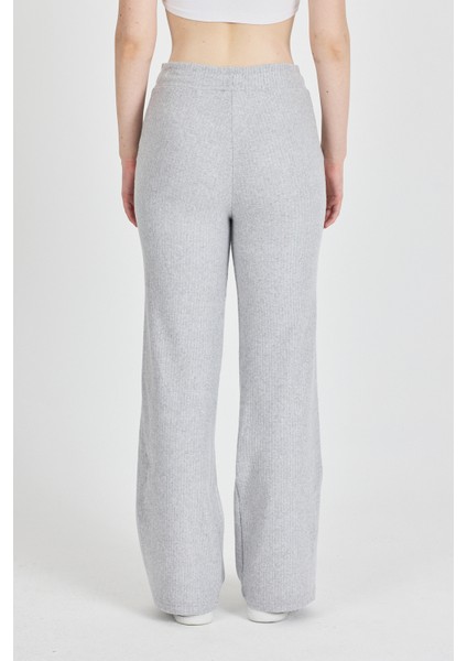 Kadın Gri Yüksek Bel Fitilli Bol Paça Günlük Ince Eşofman Altı Pijama