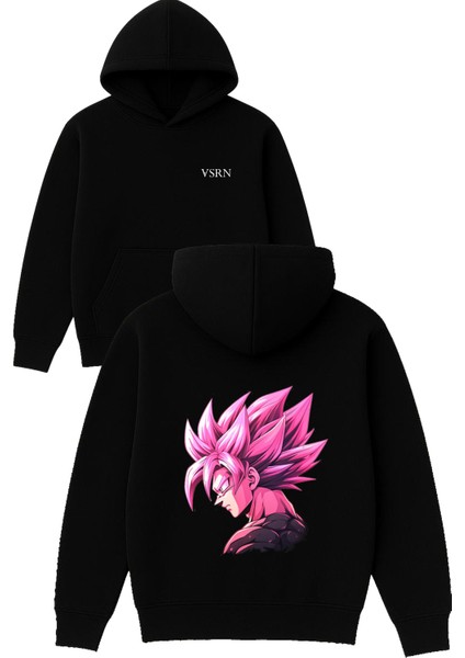 Pembe Tasarım Baskılı Oversize Siyah Kapüşonlu Sweatshirt