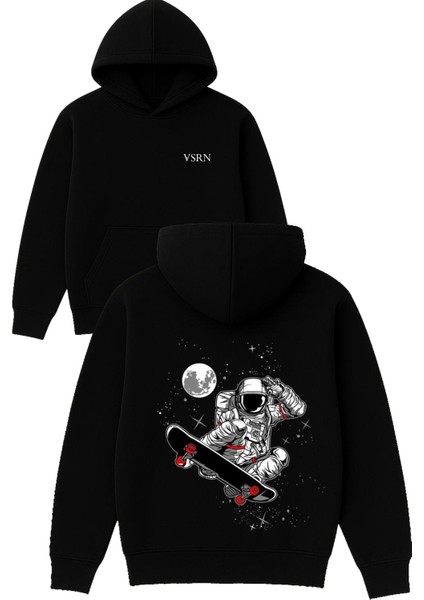 Kaykaycı Astronot Tasarım Baskılı Oversize Siyah Kapüşonlu Sweatshirt