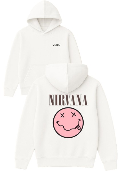 Pembe Nırvana Tasarım Baskılı Oversize Beyaz Kapüşonlu Sweatshirt