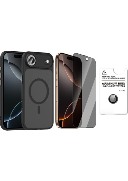 iPhone 17 Air Kılıf Mat Arka Yüzey Wireless Şarj Özellikli Zore Flet M-safe Kapak + Safir Kamera Lens + Hayalet Ekran Koruyucu