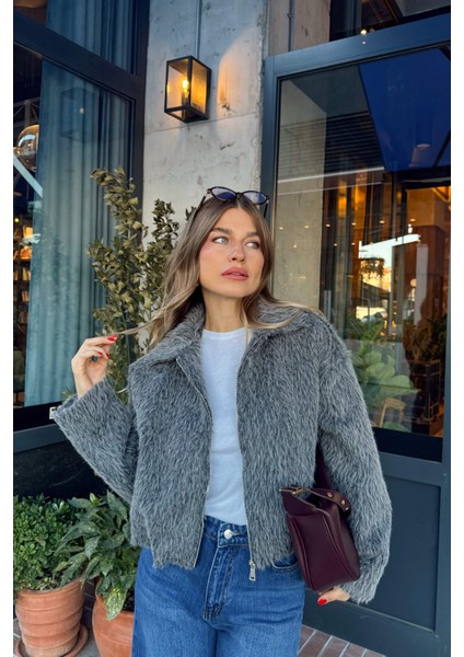 Antrasit Gömlek Yaka Kürk Dokulu Astarlı Bomber Ceket