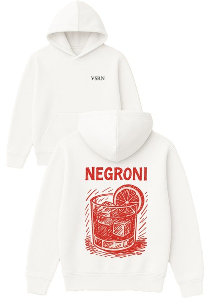 Kırmızı Detaylı Negronı Tasarım Baskılı Oversize Beyaz Kapüşonlu Sweatshirt