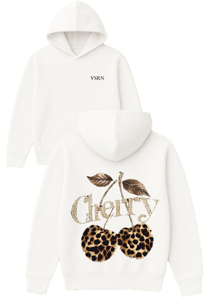 Leopar Cherry Tasarım Baskılı Oversize Beyaz Kapüşonlu Sweatshirt