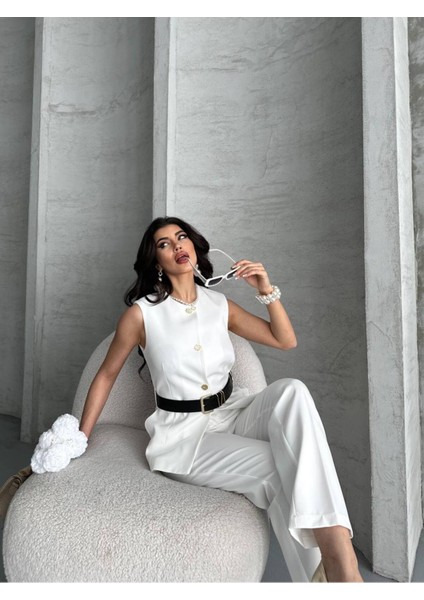 Kadın Kemerli Yelek Palazzo Pantolon Ikili Takım Elbise fiyatları