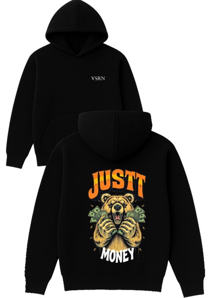 Just Just Money Tasarım Baskılı Oversize Siyah Kapüşonlu Sweatshirt