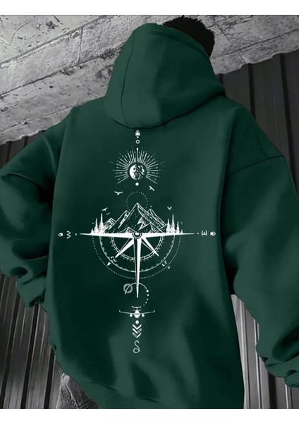 Punıx Büyük Beden Pusula Sırt Baskılı Kapüşonlu Kalın Kışlık 3 Iplik Battal Erkek Sweatshırt