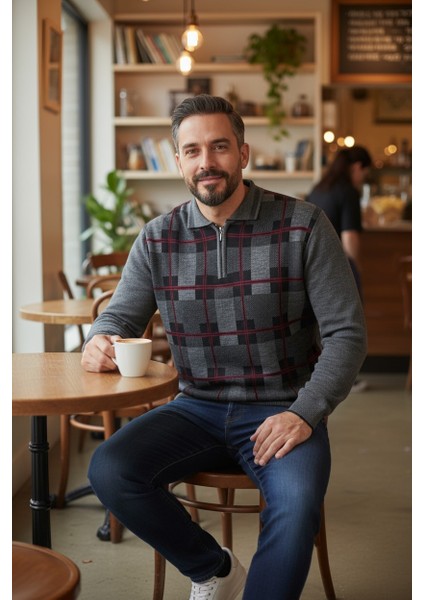 Erkek Çelik Örgü Ekose Desenli Gömlek Yaka Fermuarlı Polo Yakalı Tüylenmez Triko Kışlık Baba Kazak