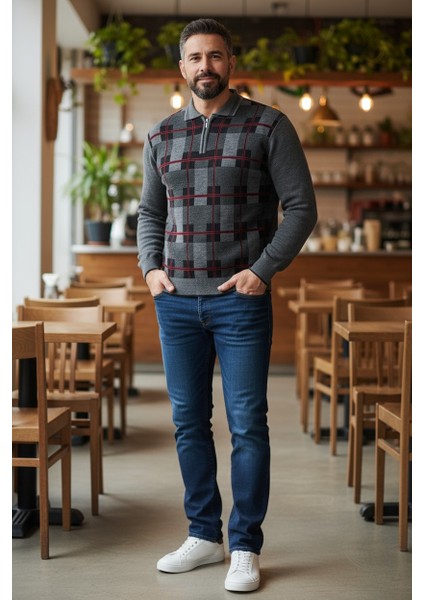 Erkek Çelik Örgü Ekose Desenli Gömlek Yaka Fermuarlı Polo Yakalı Tüylenmez Triko Kışlık Baba Kazak fiyatları