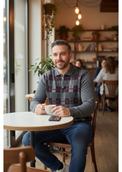 Erkek Çelik Örgü Ekose Desenli Gömlek Yaka Fermuarlı Polo Yakalı Tüylenmez Triko Kışlık Baba Kazak modelleri