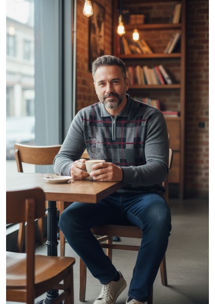 Erkek Çelik Örgü Ekose Desenli Gömlek Yaka Fermuarlı Polo Yakalı Tüylenmez Triko Kışlık Baba Kazak fırsatları