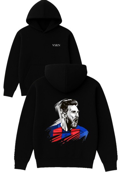 Messi Eski Tasarım Baskılı Oversize Siyah Kapüşonlu Sweatshirt