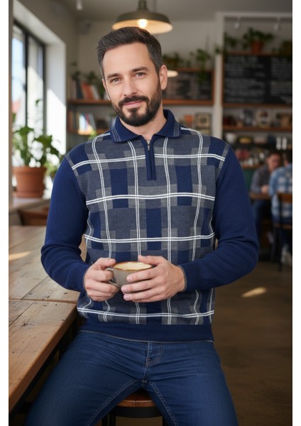 Erkek Çelik Örgü Ekose Desenli Gömlek Yaka Fermuarlı Polo Yakalı Tüylenmez Triko Kışlık Baba Kazak