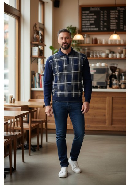 Erkek Çelik Örgü Ekose Desenli Gömlek Yaka Fermuarlı Polo Yakalı Tüylenmez Triko Kışlık Baba Kazak fiyatları