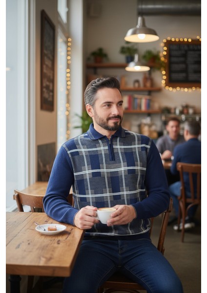 Erkek Çelik Örgü Ekose Desenli Gömlek Yaka Fermuarlı Polo Yakalı Tüylenmez Triko Kışlık Baba Kazak modelleri