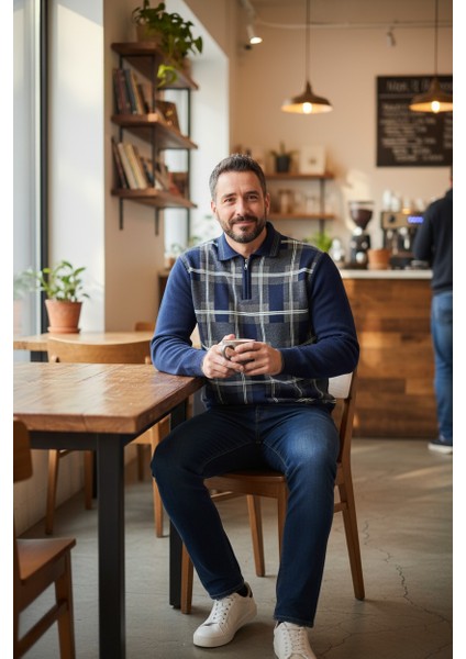 Erkek Çelik Örgü Ekose Desenli Gömlek Yaka Fermuarlı Polo Yakalı Tüylenmez Triko Kışlık Baba Kazak indirimleri