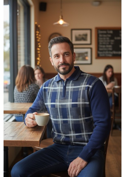 Erkek Çelik Örgü Ekose Desenli Gömlek Yaka Fermuarlı Polo Yakalı Tüylenmez Triko Kışlık Baba Kazak fırsatları