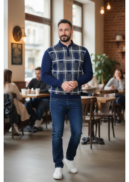 Erkek Çelik Örgü Ekose Desenli Gömlek Yaka Fermuarlı Polo Yakalı Tüylenmez Triko Kışlık Baba Kazak