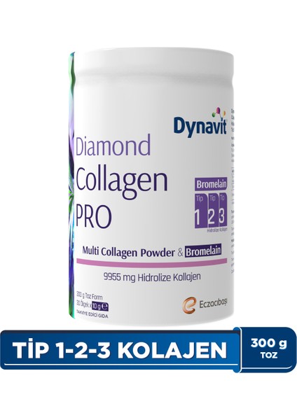 Diamond Multi Collagen&Bromelain (Ananas Ekstresi) 300g Toz - Hidrolize Peptit Tip 1&3 Sığır ve Tip 2 Tavuk Kolajeni, Bromelain