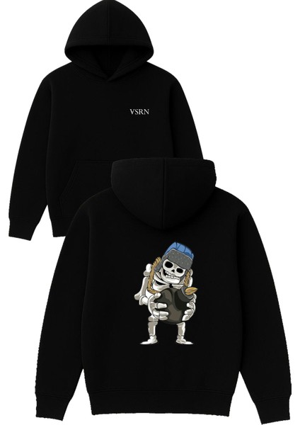 Coc Bombacı Tasarım Baskılı Oversize Siyah Kapüşonlu Sweatshirt