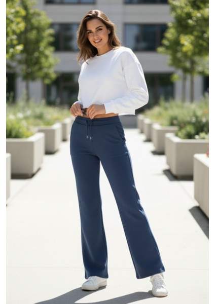 Pamuklu Kadın Eşofman Altı Yüksek Bel Indigo Flare Fit Geniş Paça Ipli Cepli Esnek Yumuşak Likralı