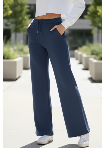 Pamuklu Kadın Eşofman Altı Yüksek Bel Indigo Flare Fit Geniş Paça Ipli Cepli Esnek Yumuşak Likralı fiyatları