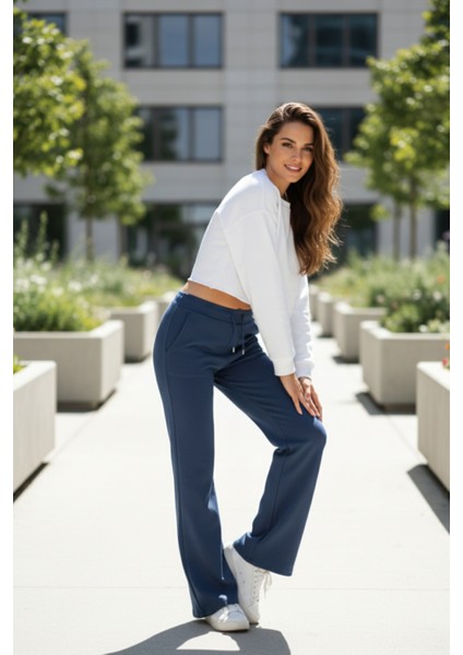 Pamuklu Kadın Eşofman Altı Yüksek Bel Indigo Flare Fit Geniş Paça Ipli Cepli Esnek Yumuşak Likralı modelleri
