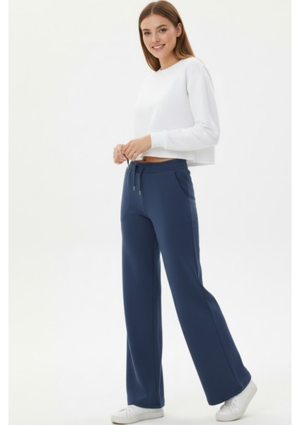 Pamuklu Kadın Eşofman Altı Yüksek Bel Indigo Flare Fit Geniş Paça Ipli Cepli Esnek Yumuşak Likralı fırsatları