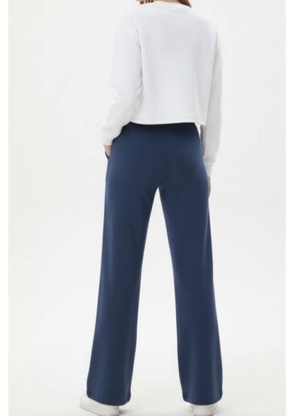 Pamuklu Kadın Eşofman Altı Yüksek Bel Indigo Flare Fit Geniş Paça Ipli Cepli Esnek Yumuşak Likralı indirimleri