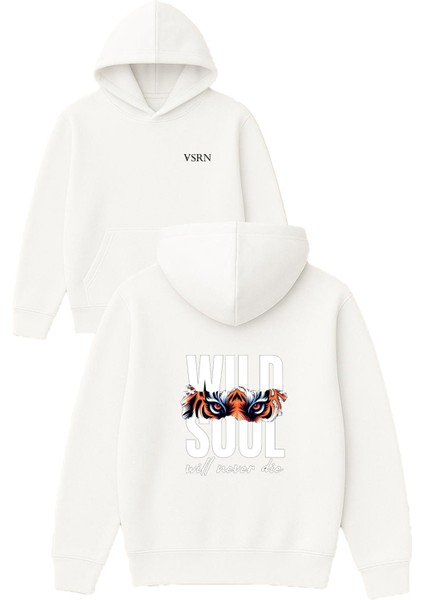Wıld Soul Tasarım Baskılı Oversize Beyaz Kapüşonlu Sweatshirt