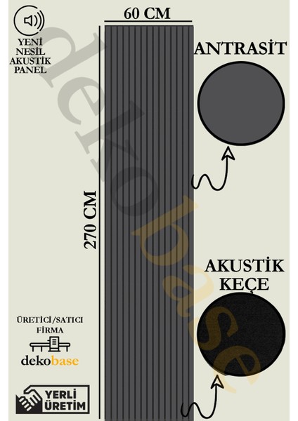 60x270 cm Antrasit Renk Akustik Ahşap Duvar Paneli