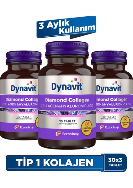 Diamond Collagen & Hyaluronic Acid 30 Tablet - 3'lü Avantaj Paketi -Tip 1 Balık Kolajeni