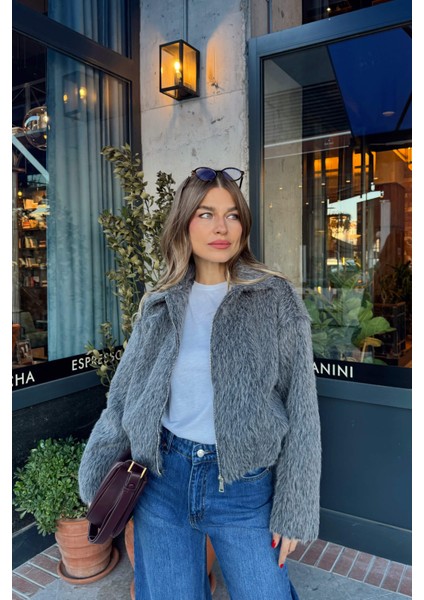 Antrasit Gömlek Yaka Kürk Dokulu Astarlı Bomber Ceket fırsatları