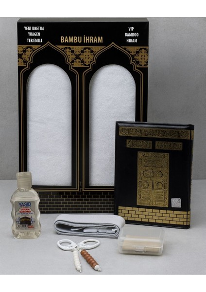 Umre Seti Erkek – Kuran-I Kerim, Bambu Ihram,ihram Kemeri, Sıvı ve Katı Sabun, 2 Adet Tavaf Tesbihi | Hac Umre Malzemeleri Seti