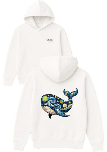Balina Tasarım Baskılı Oversize Beyaz Kapüşonlu Sweatshirt