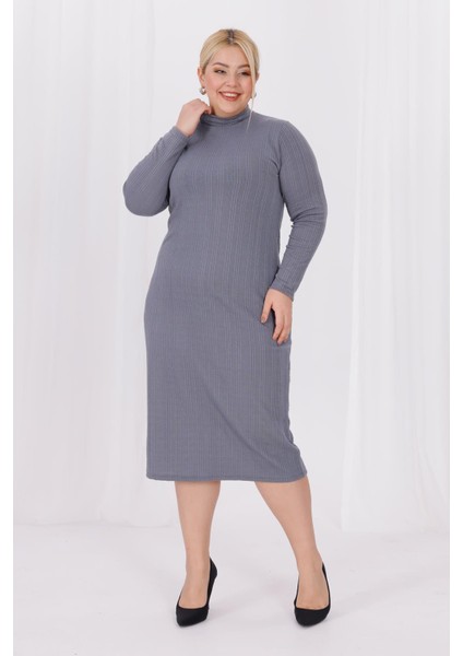 Kadın Gri Balıkçı Yaka Esnek Burgu Triko Büyük Beden Elbise
