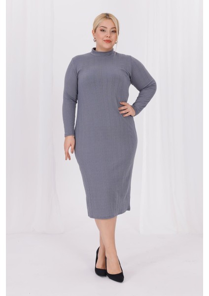 Kadın Gri Balıkçı Yaka Esnek Burgu Triko Büyük Beden Elbise modelleri