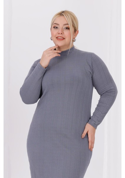 Kadın Gri Balıkçı Yaka Esnek Burgu Triko Büyük Beden Elbise indirimleri