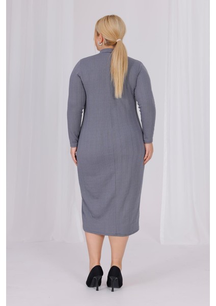 Kadın Gri Balıkçı Yaka Esnek Burgu Triko Büyük Beden Elbise