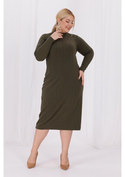 Kadın Haki Yeşil Balıkçı Yaka Esnek Burgu Triko Büyük Beden Elbise fiyatları