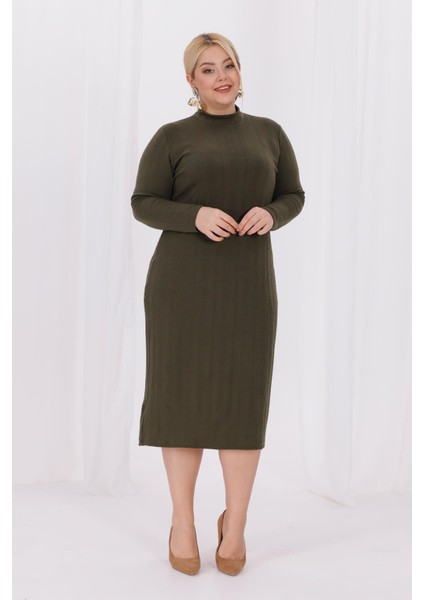 Kadın Haki Yeşil Balıkçı Yaka Esnek Burgu Triko Büyük Beden Elbise modelleri