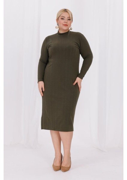 Kadın Haki Yeşil Balıkçı Yaka Esnek Burgu Triko Büyük Beden Elbise fırsatları