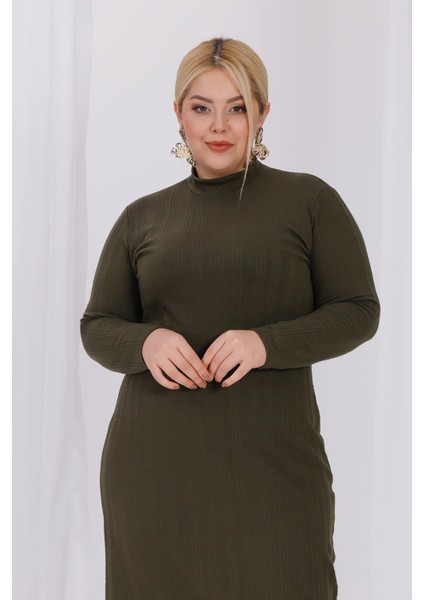 Kadın Haki Yeşil Balıkçı Yaka Esnek Burgu Triko Büyük Beden Elbise indirimleri