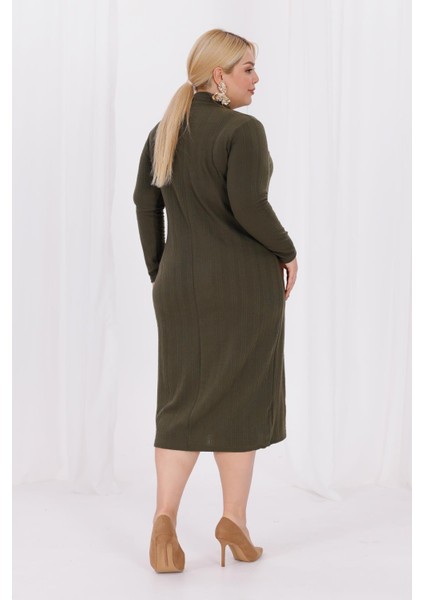 Kadın Haki Yeşil Balıkçı Yaka Esnek Burgu Triko Büyük Beden Elbise