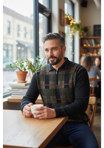 Erkek Çelik Örgü Ekose Desenli Gömlek Yaka Fermuarlı Polo Yakalı Tüylenmez Triko Kışlık Baba Kazak