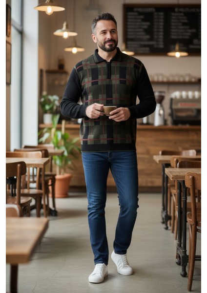 Erkek Çelik Örgü Ekose Desenli Gömlek Yaka Fermuarlı Polo Yakalı Tüylenmez Triko Kışlık Baba Kazak modelleri